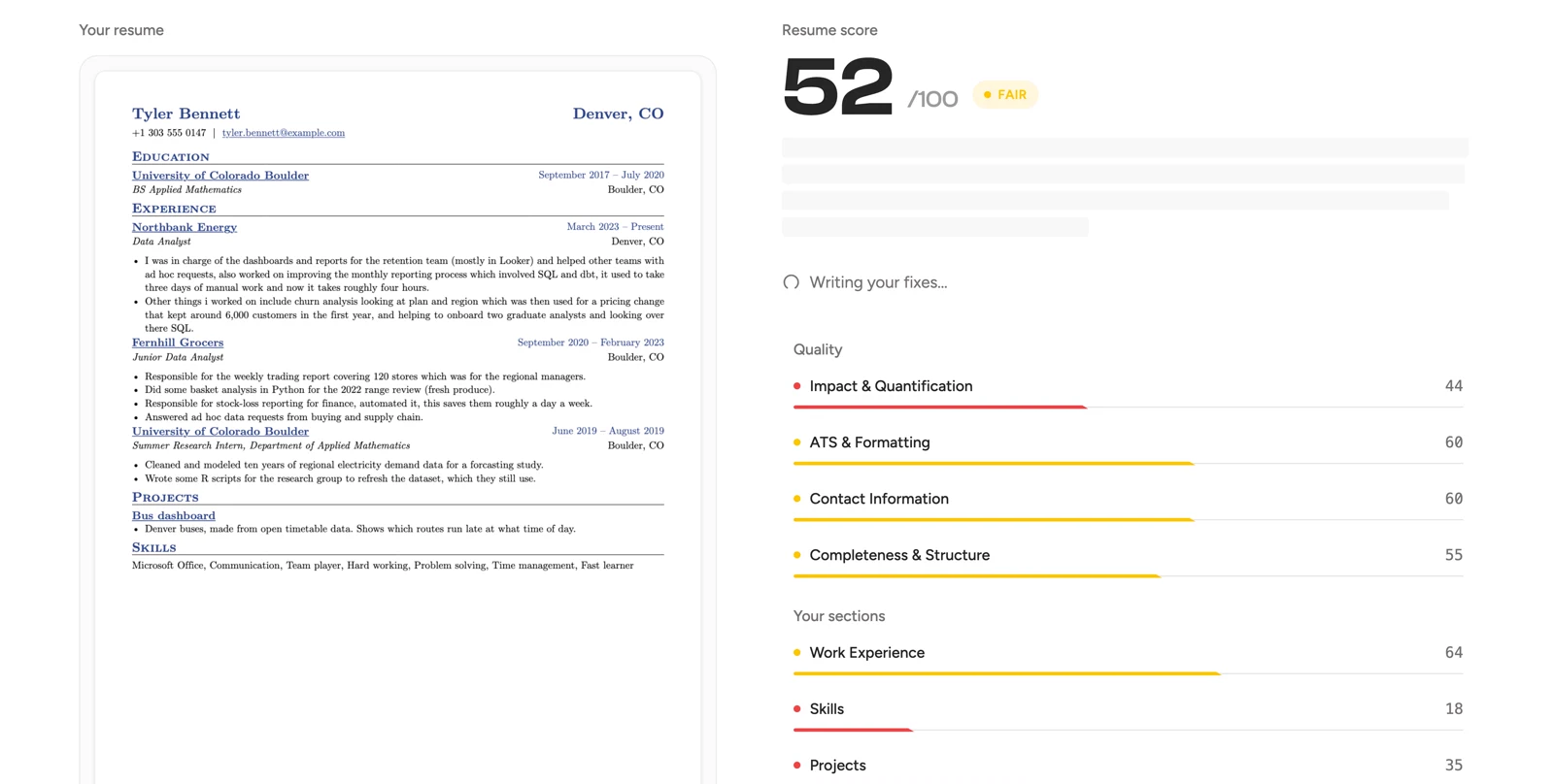 The ATS checker's report: Tyler's resume on the left, a score of 52 out of 100, Fair, on the right