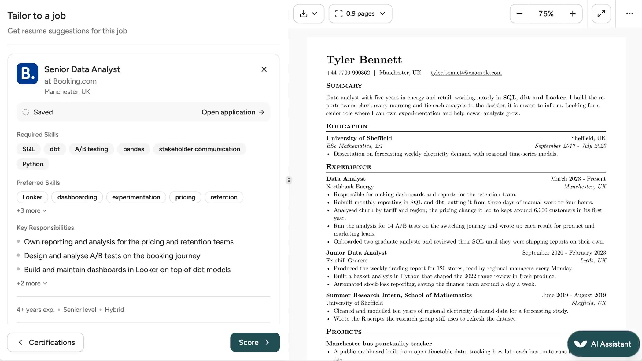 A resume with a Senior Data Analyst job at Booking.com attached, tailored to it in one click, with every change shown on the resume for approval