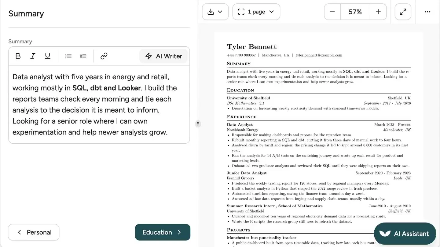 The AI Assistant asked to make a resume summary shorter and punchier, its edit shown for approval and accepted