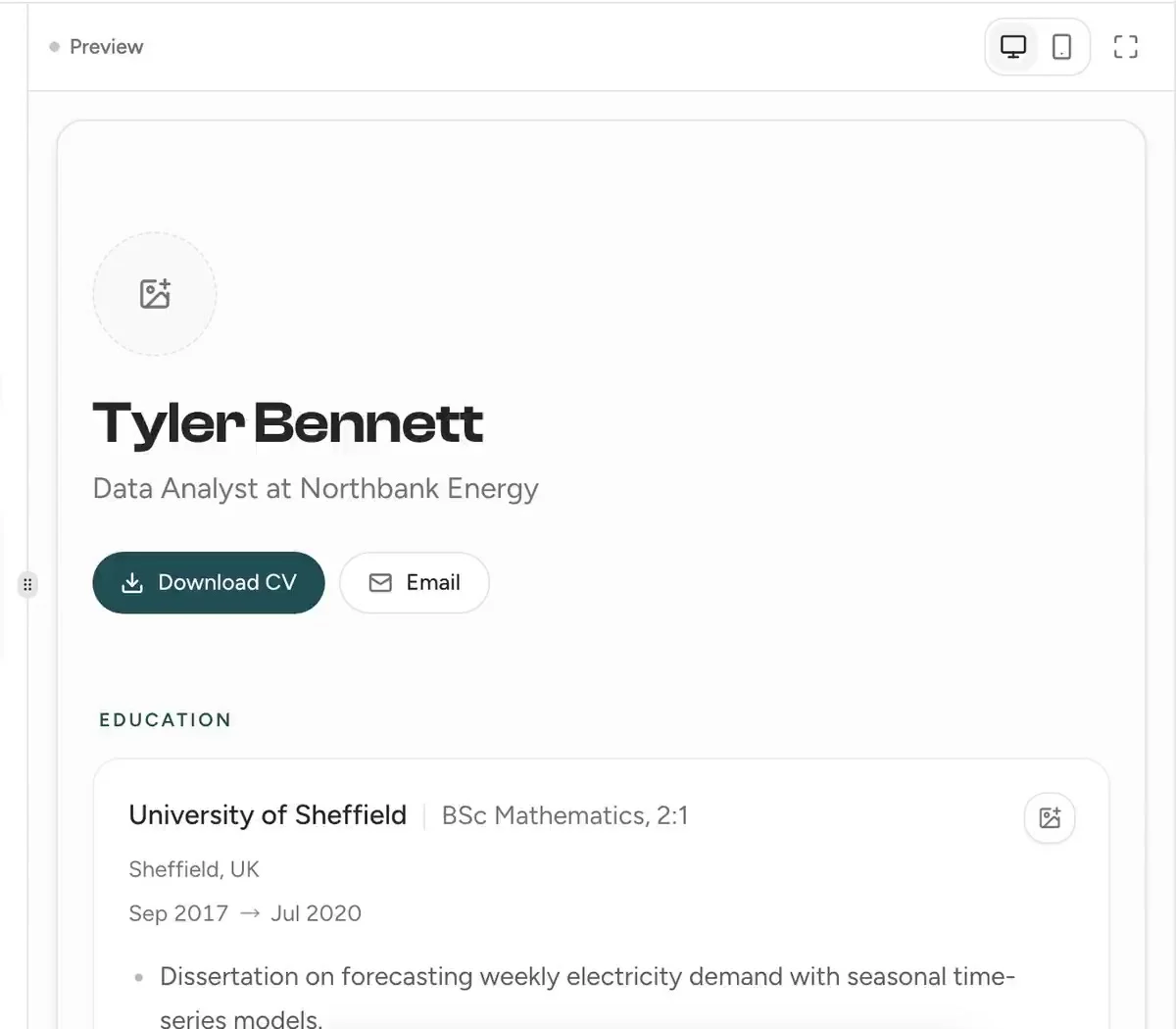 A personal website made from a resume's details: a photo dropped in and shown on the site, then the site published at a jobsprout.me address