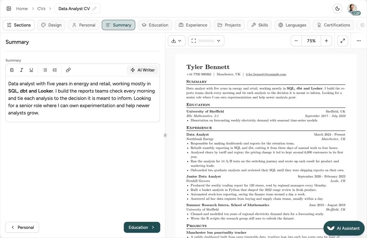 A CV summary selected, the AI Writer making it shorter, and the shorter version replacing it in the preview