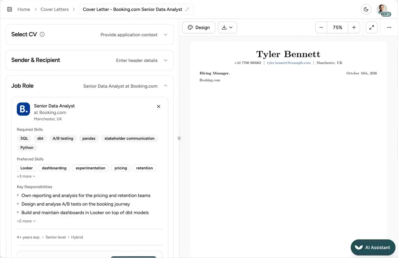 A cover letter written from the CV for a Senior Data Analyst job, shown as a suggestion before it is accepted