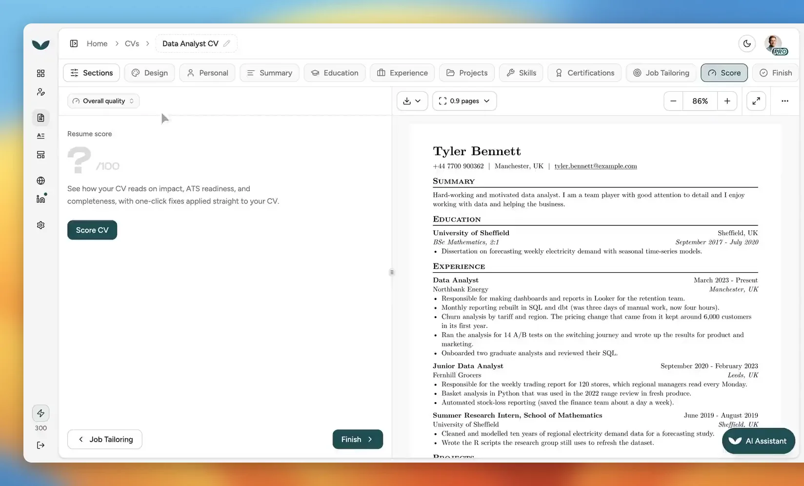 A CV scored against a saved Booking.com job, its suggested fixes applied in one click, and the CV scored again