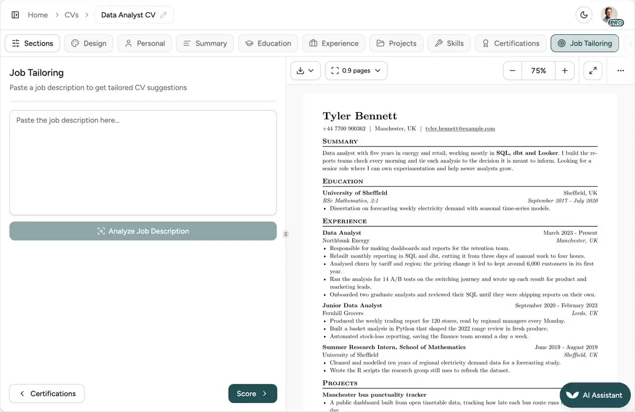 Pasting a job ad, the job being analysed, and the CV tailored to it with every change shown in the preview