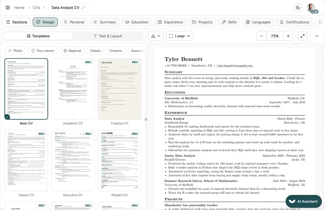 Switching a CV between designs in the Design tab, the preview re-rendering each time