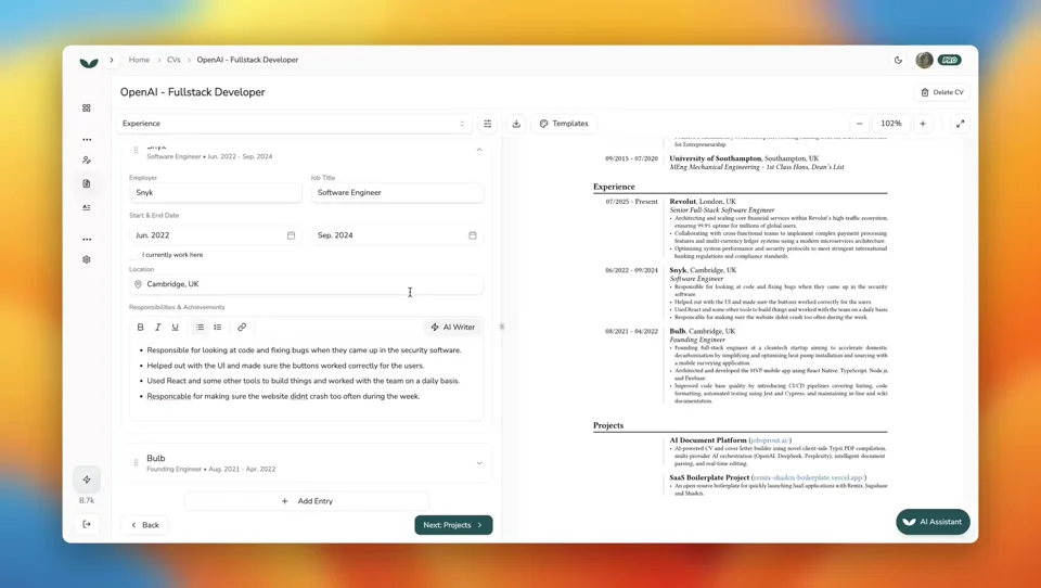 AI resume builder demo showing inline text editing
