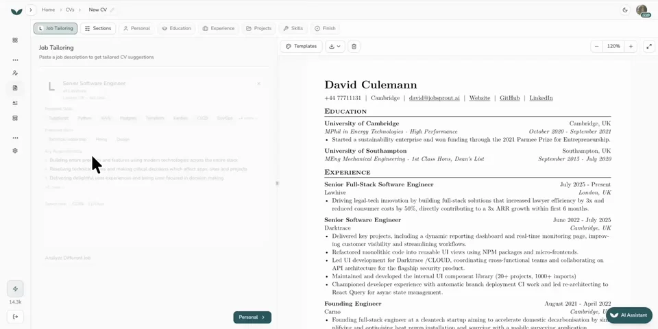 CV tailoring with word-level diff showing suggested changes