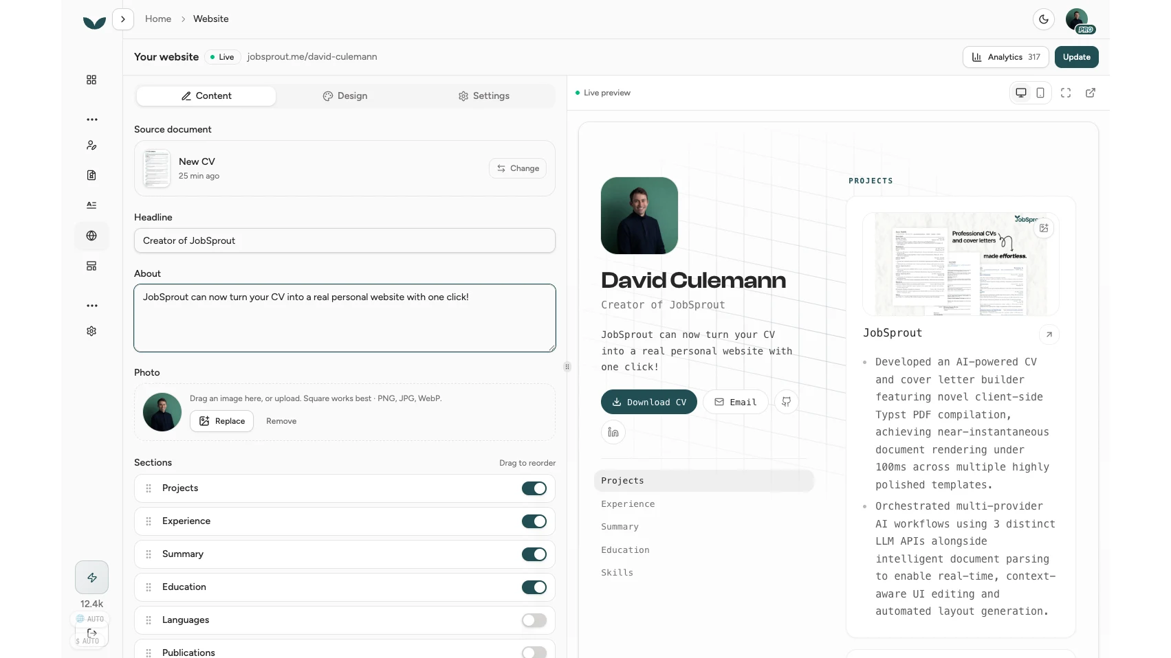 The Content tab, editing headline, about and sections, with the live preview showing a project card and its link preview image
