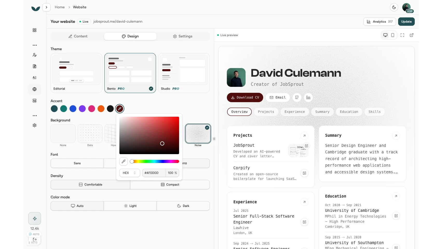 The JobSprout site editor Design tab: theme, accent colour, background, font, density and colour mode, with a live preview
