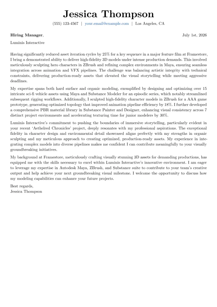 3D Modeler Cover Letter Example