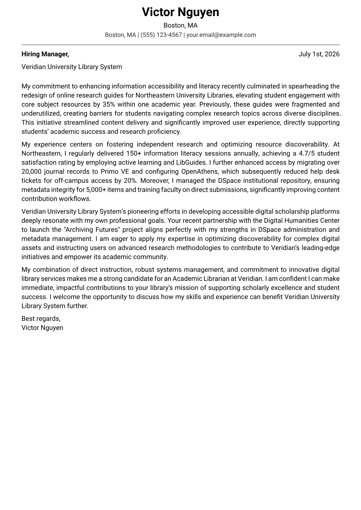Academic Librarian cover letter formatted with a JobSprout template