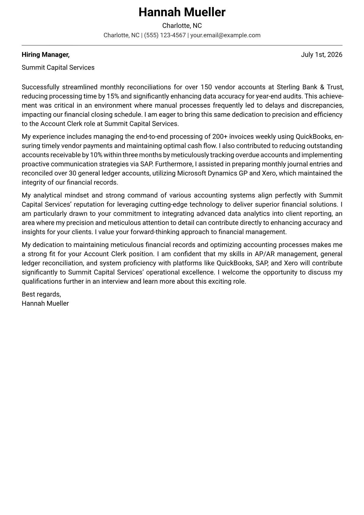 Account Clerk cover letter formatted with a JobSprout template