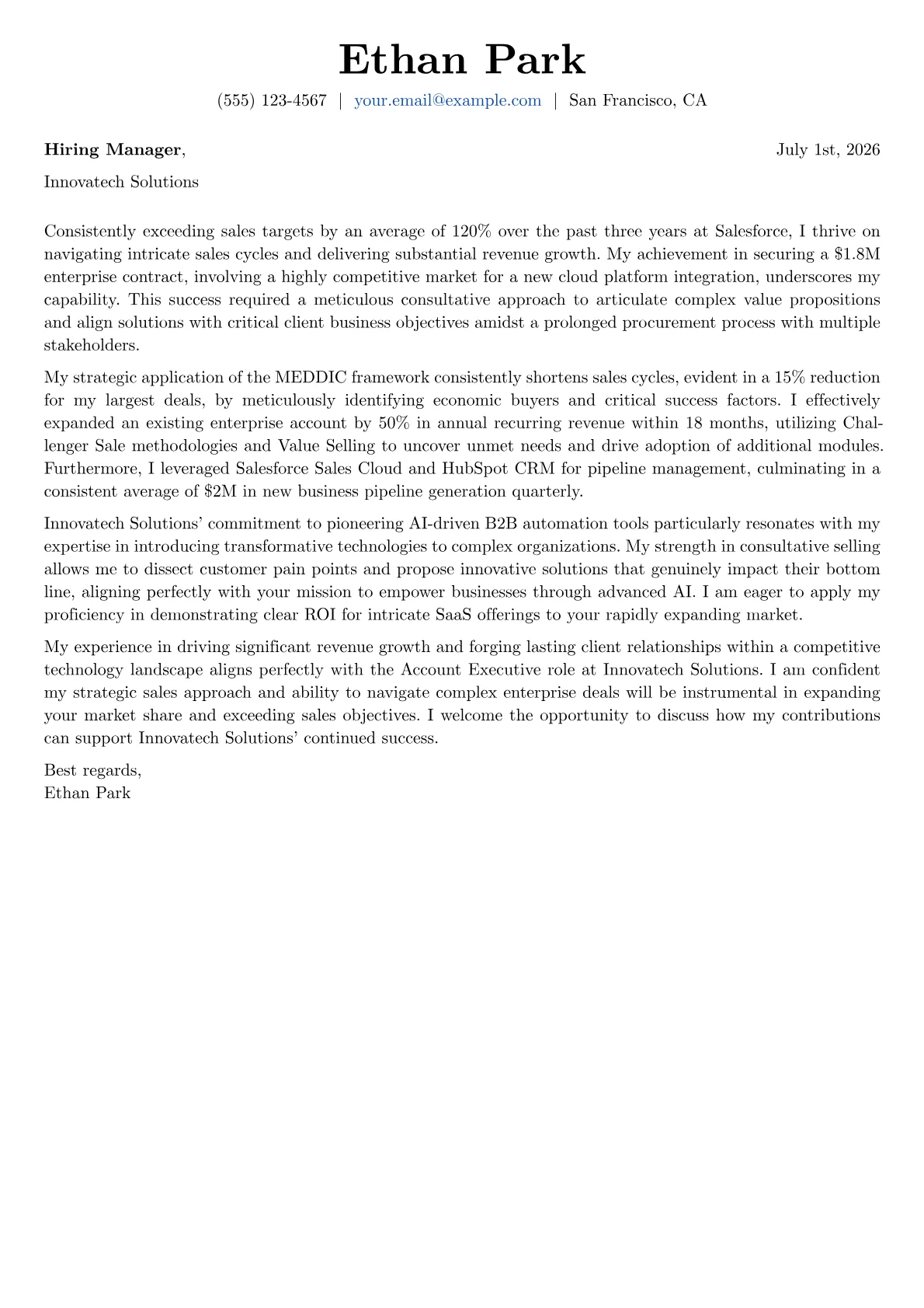 Account Executive cover letter formatted with a JobSprout template