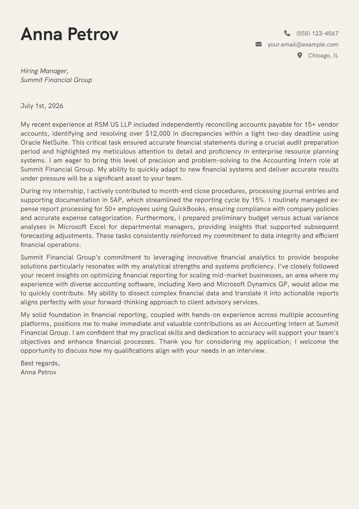 Accounting Intern cover letter formatted with a JobSprout template