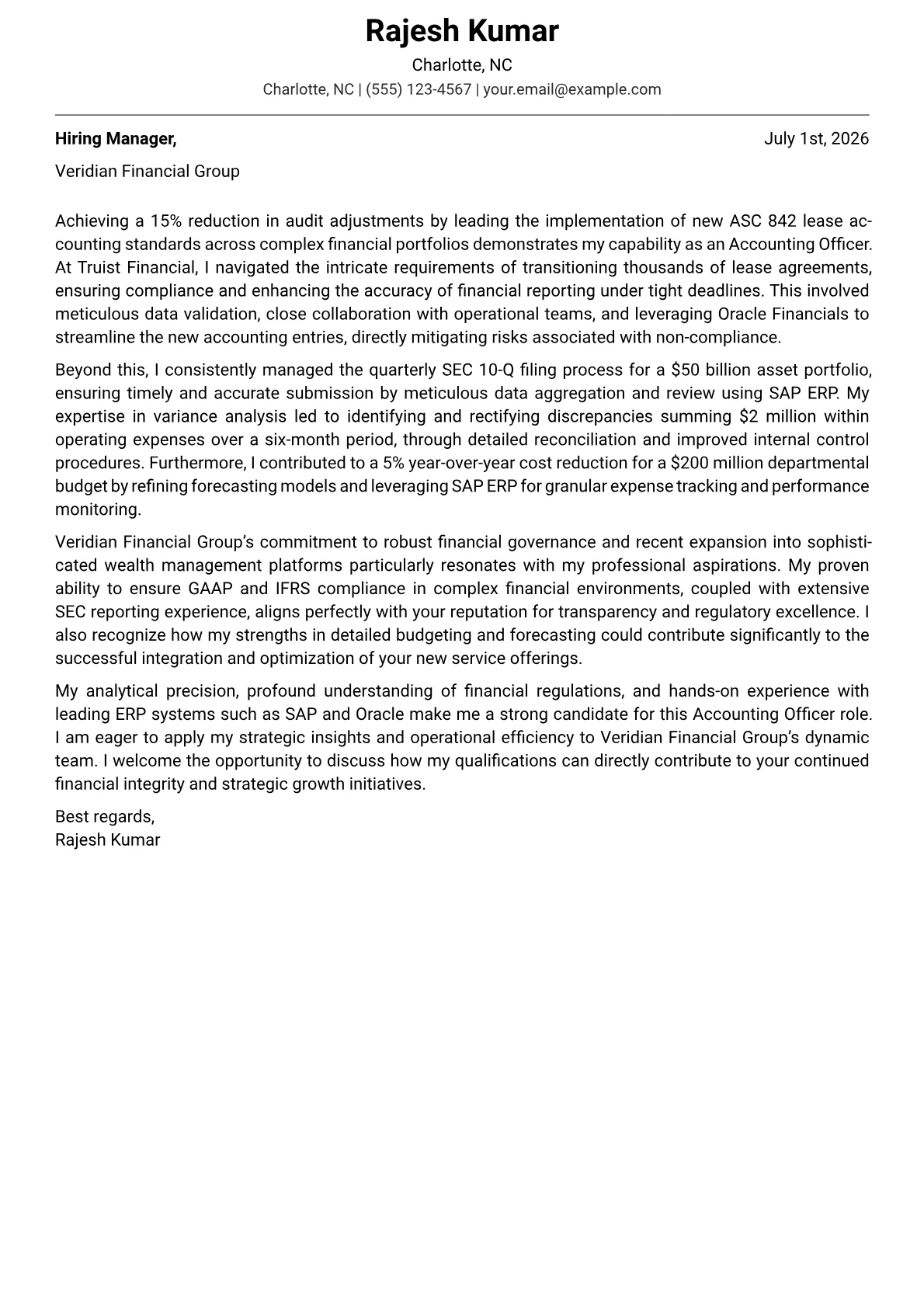 Accounting Officer cover letter formatted with a JobSprout template