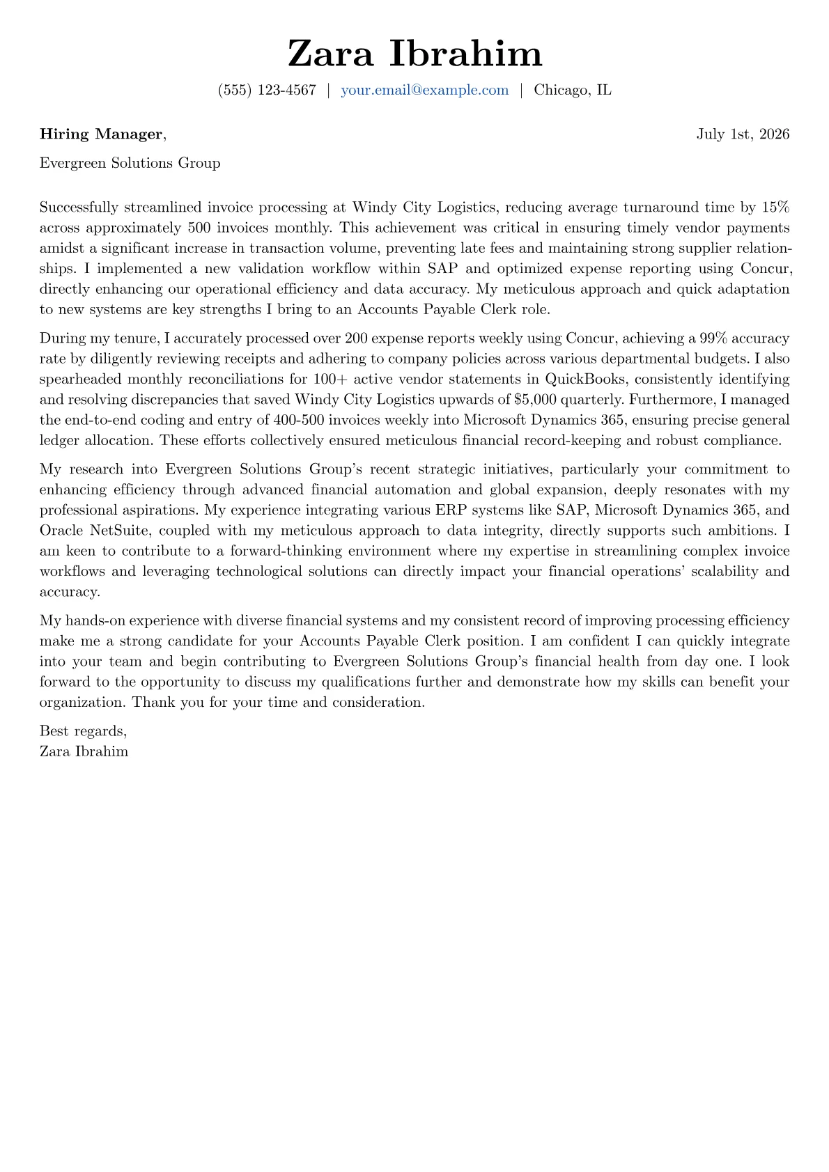 Accounts Payable Clerk cover letter formatted with a JobSprout template