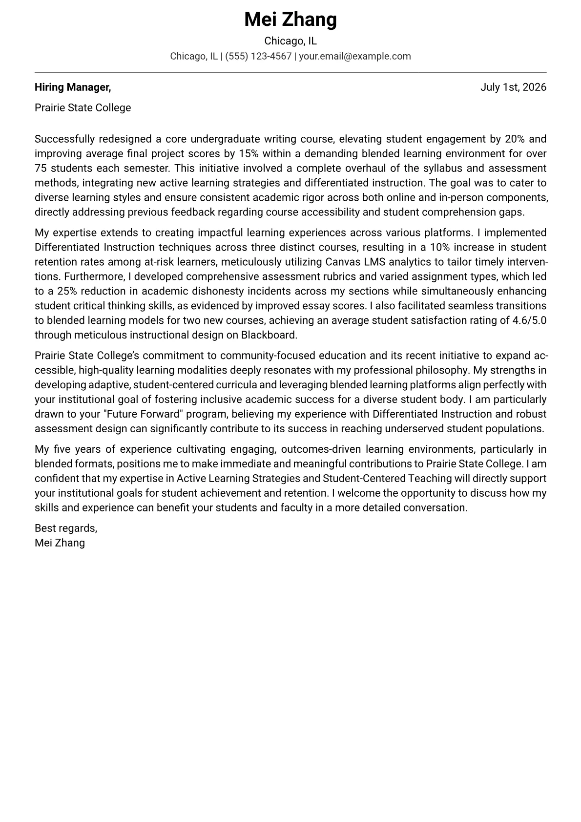 Adjunct Instructor cover letter formatted with a JobSprout template