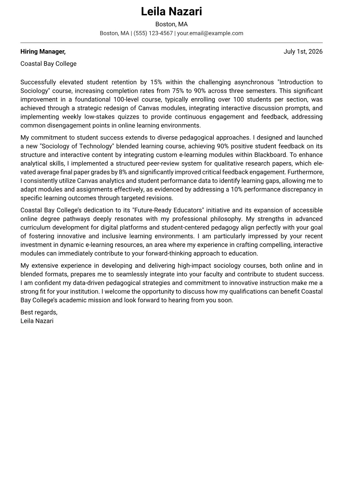 Adjunct Professor cover letter formatted with a JobSprout template