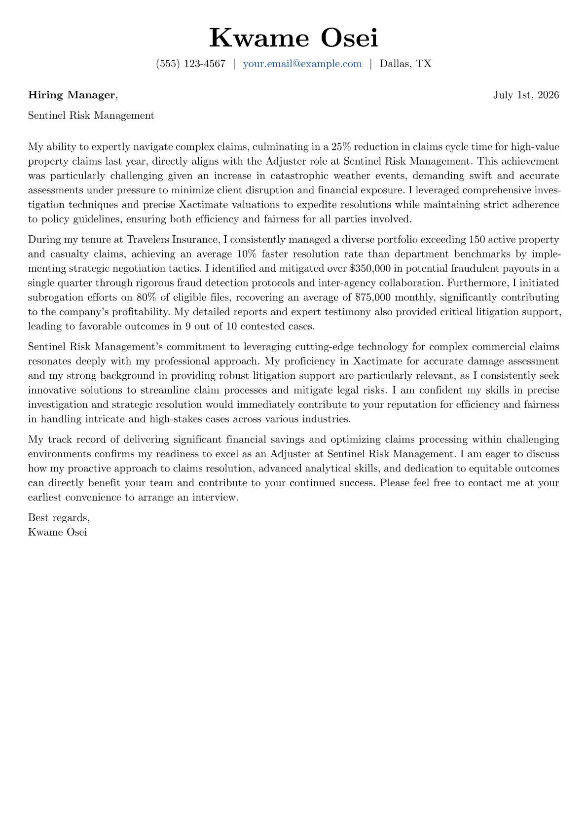 Adjuster cover letter formatted with a JobSprout template