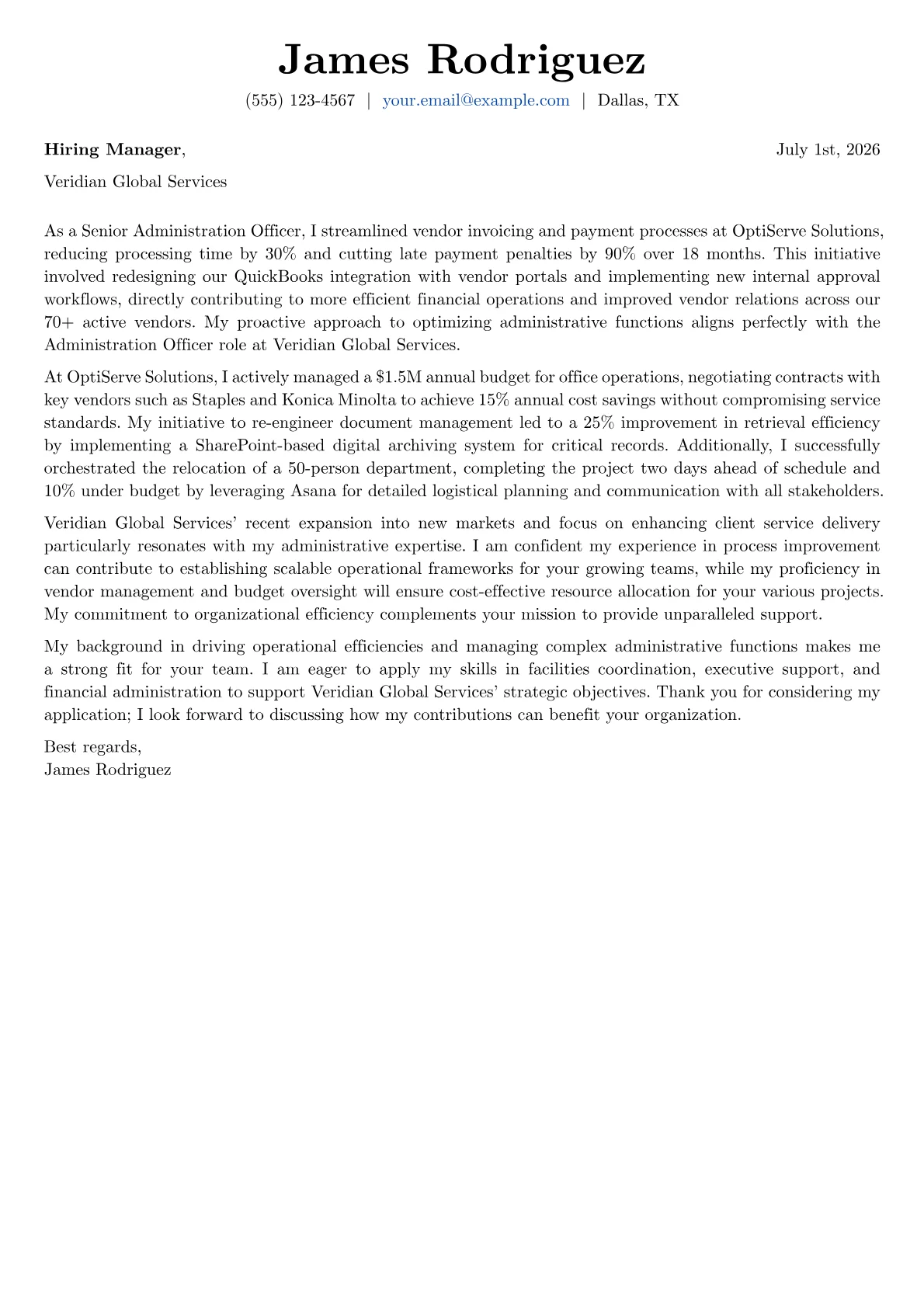 Administration Officer cover letter formatted with a JobSprout template