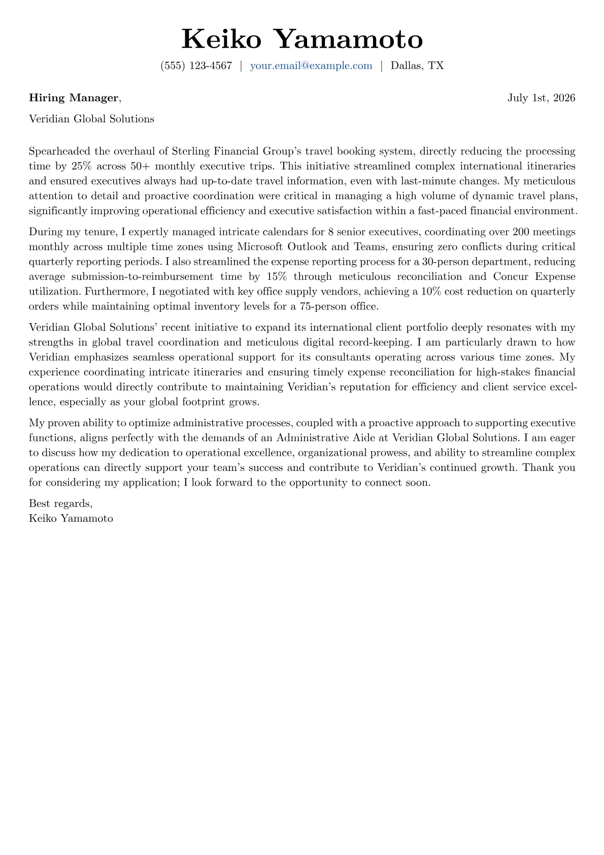 Administrative Aide cover letter formatted with a JobSprout template