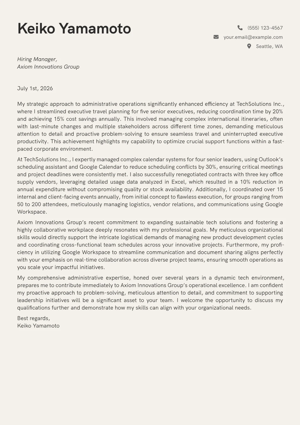 Administrative Specialist cover letter formatted with a JobSprout template