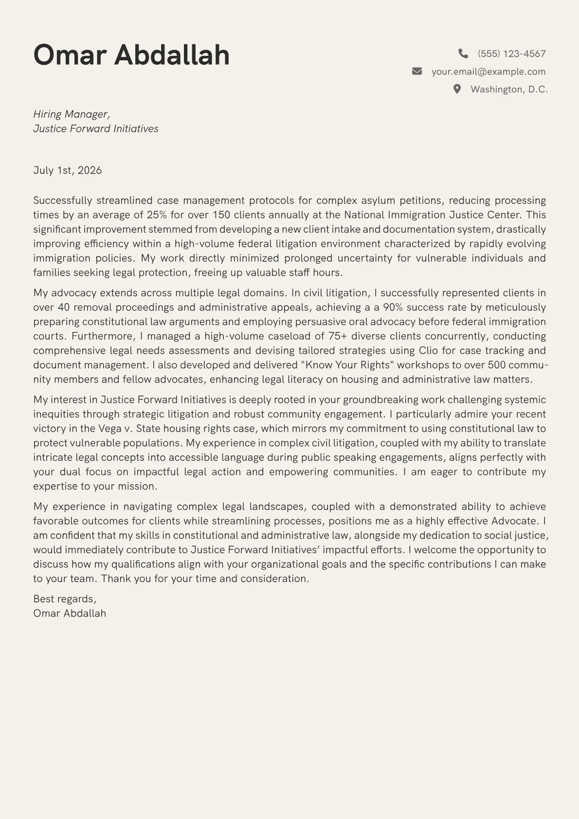 Advocate cover letter formatted with a JobSprout template