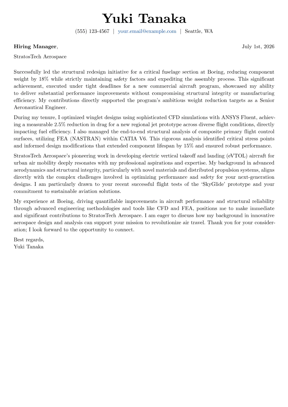 Aeronautical Engineer cover letter formatted with a JobSprout template