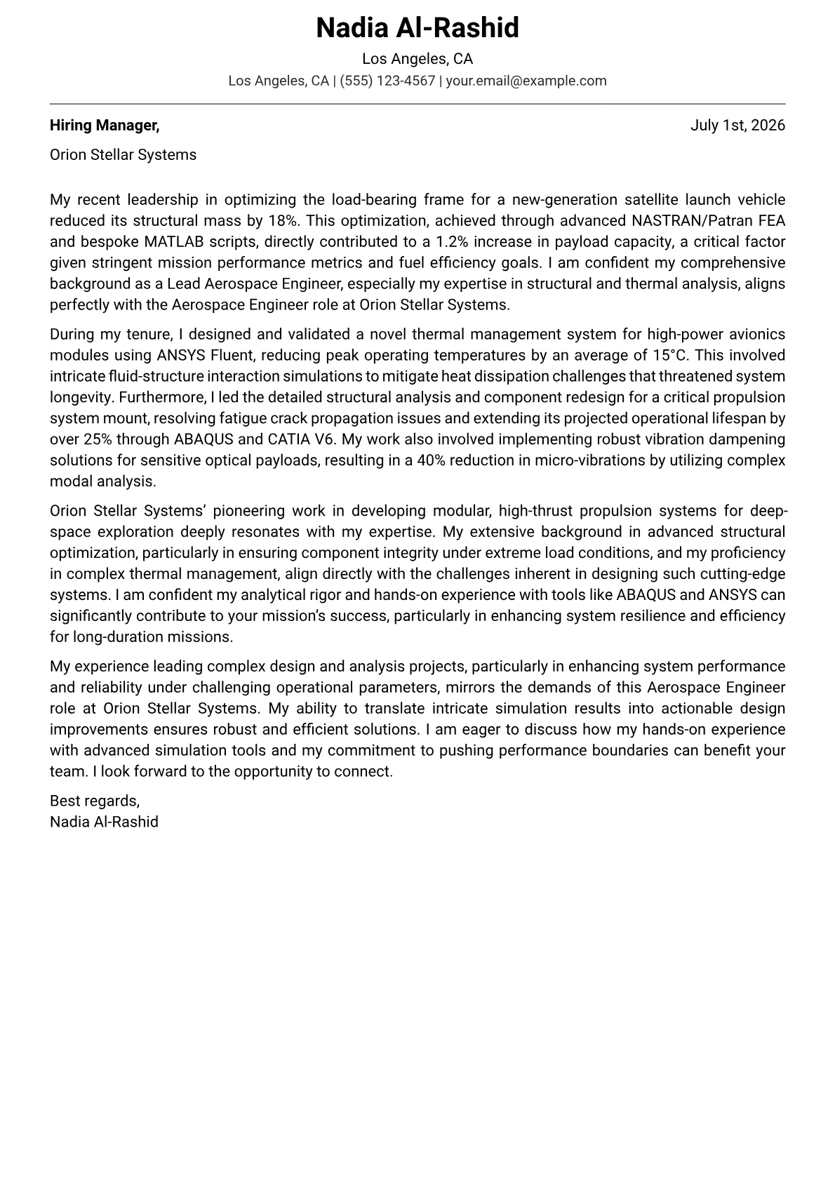 Aerospace Engineer cover letter formatted with a JobSprout template