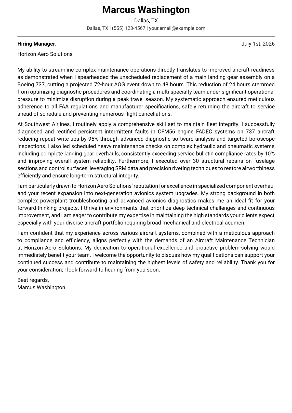 Aircraft Maintenance Technician cover letter formatted with a JobSprout template