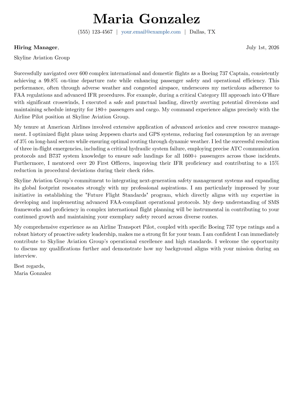 Airline Pilot cover letter formatted with a JobSprout template