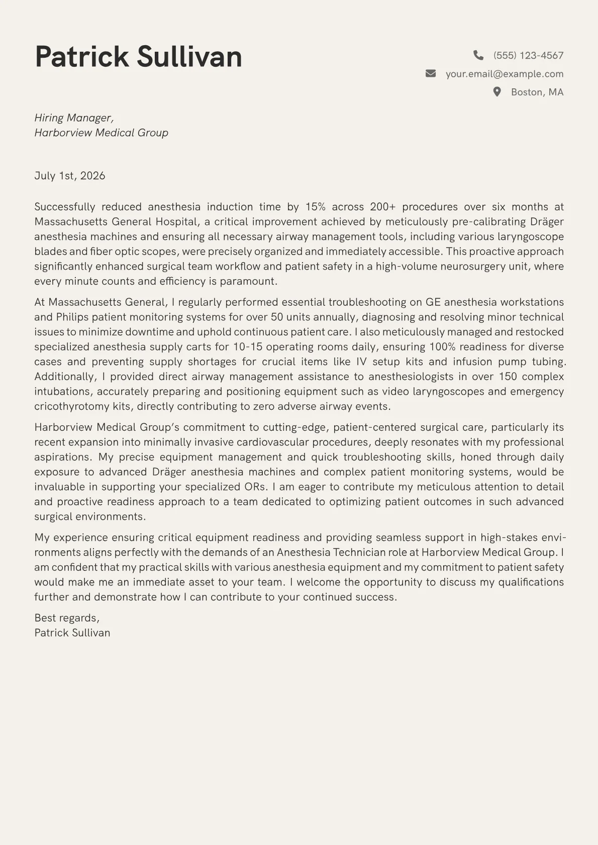 Anesthesia Technician cover letter formatted with a JobSprout template