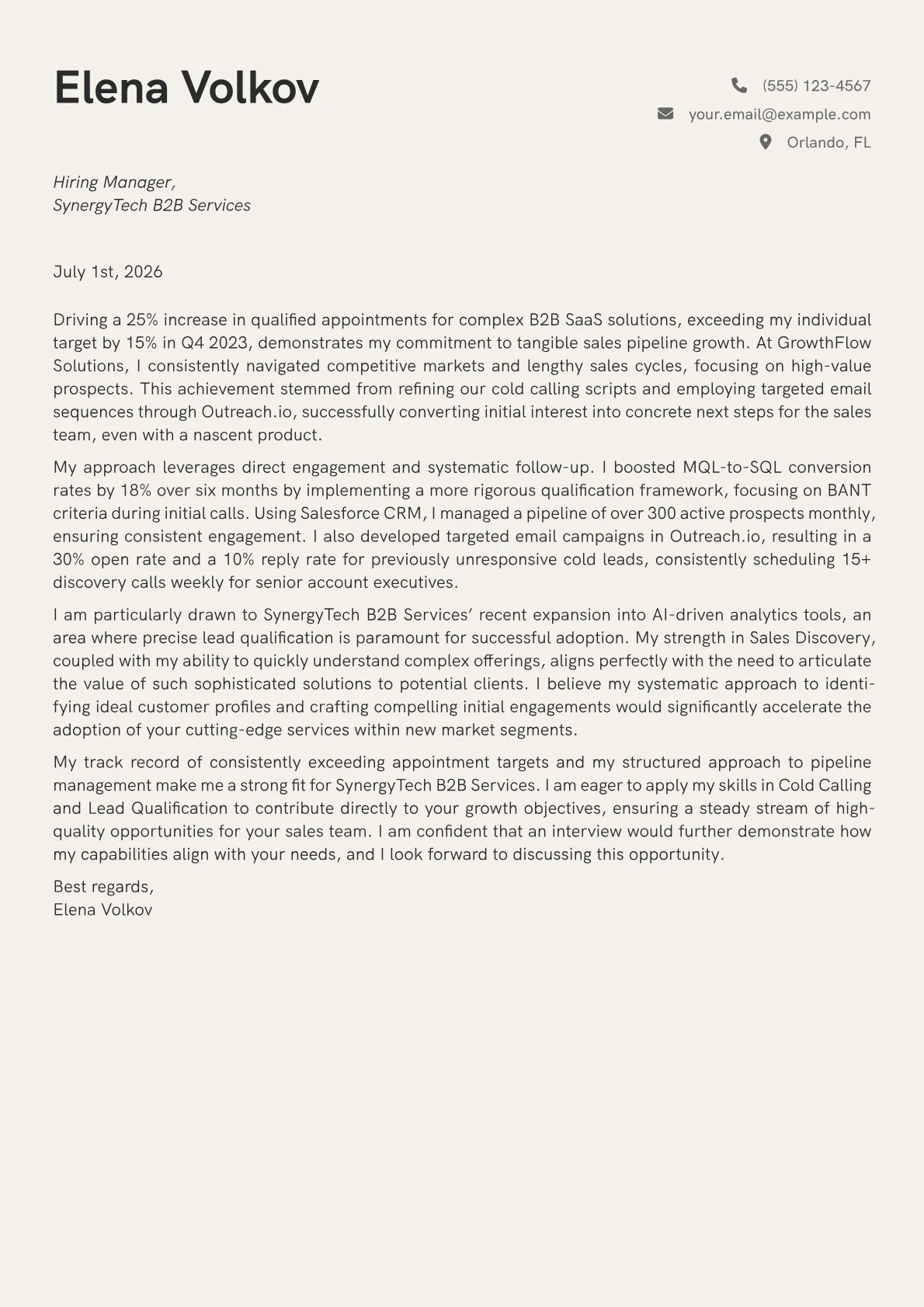 Appointment Setter cover letter formatted with a JobSprout template