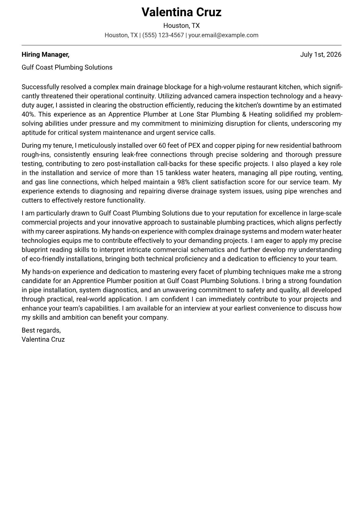 Apprentice Plumber cover letter formatted with a JobSprout template
