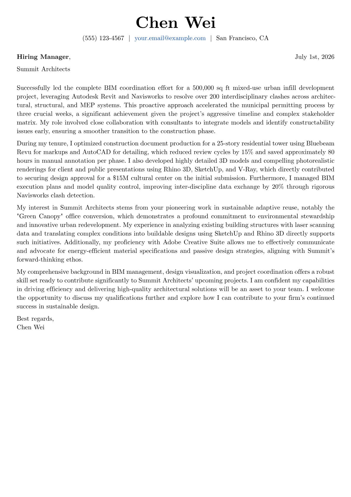 Architect cover letter formatted with a JobSprout template