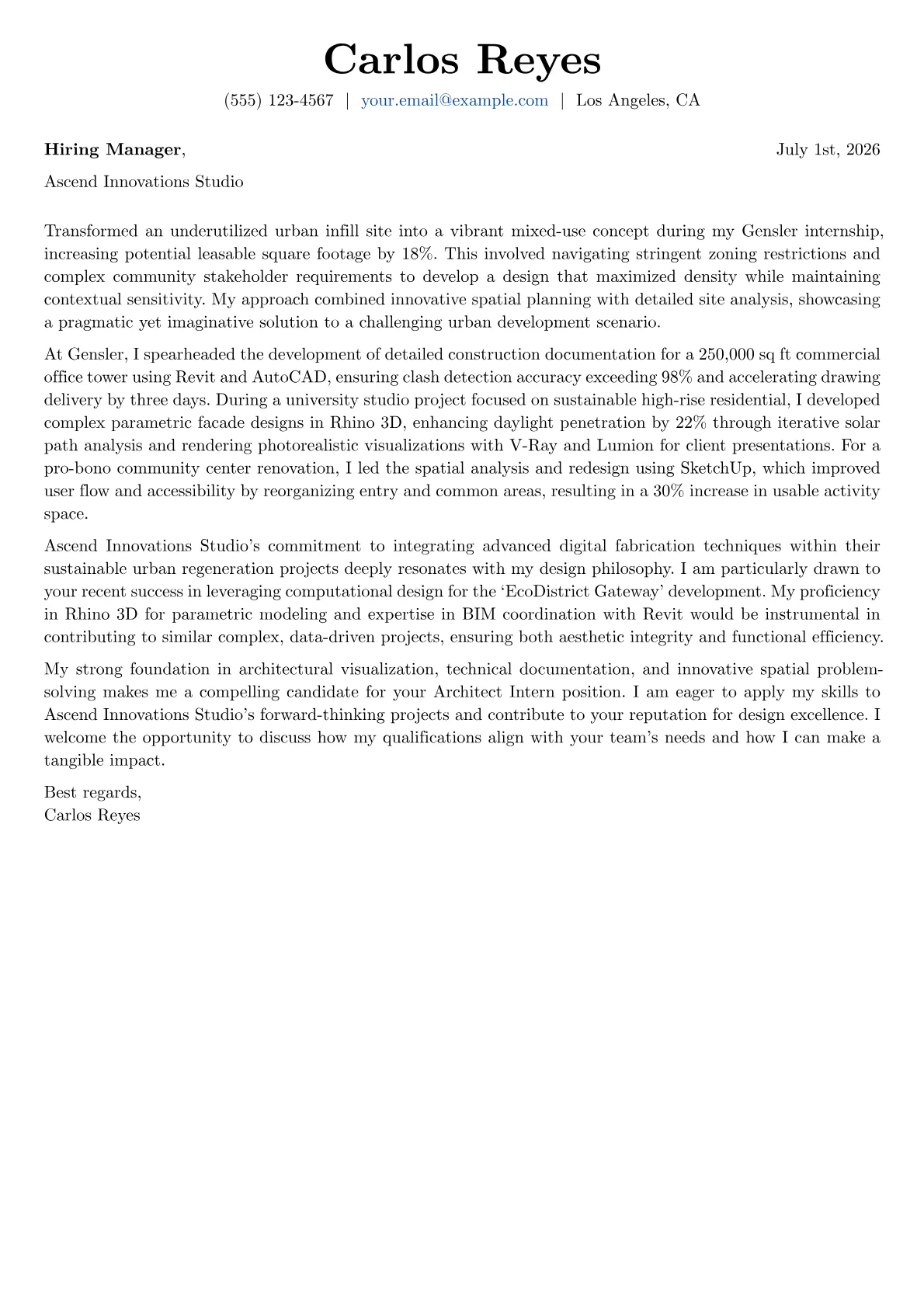 Architect Intern cover letter formatted with a JobSprout template