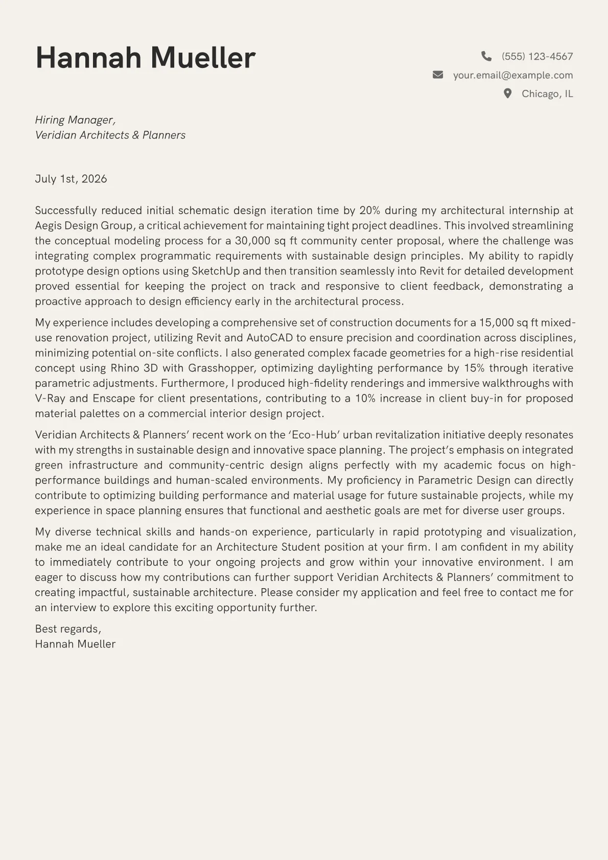 Architecture Student cover letter formatted with a JobSprout template