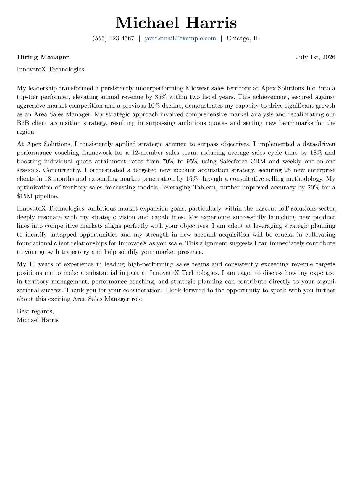 Area Sales Manager cover letter formatted with a JobSprout template