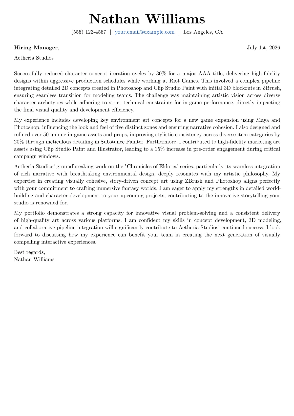 Artist cover letter formatted with a JobSprout template