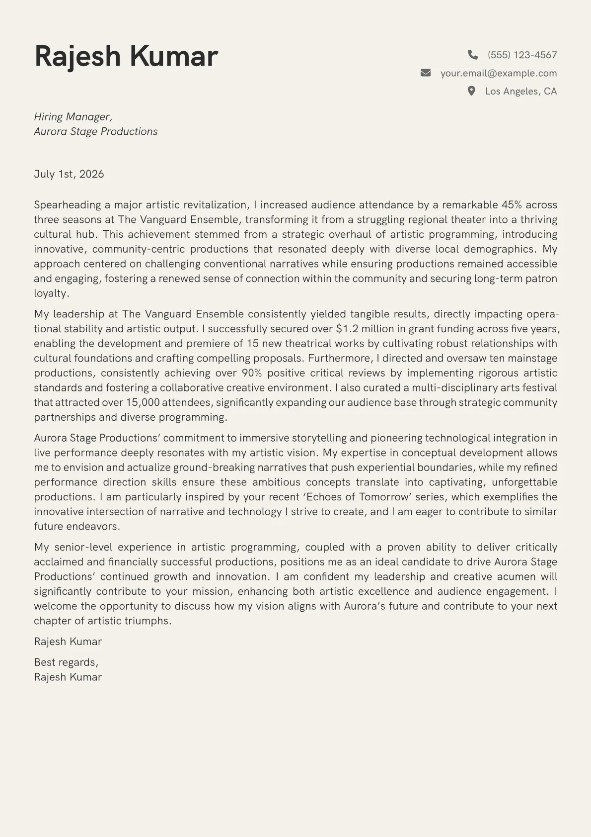 Artistic Director cover letter formatted with a JobSprout template