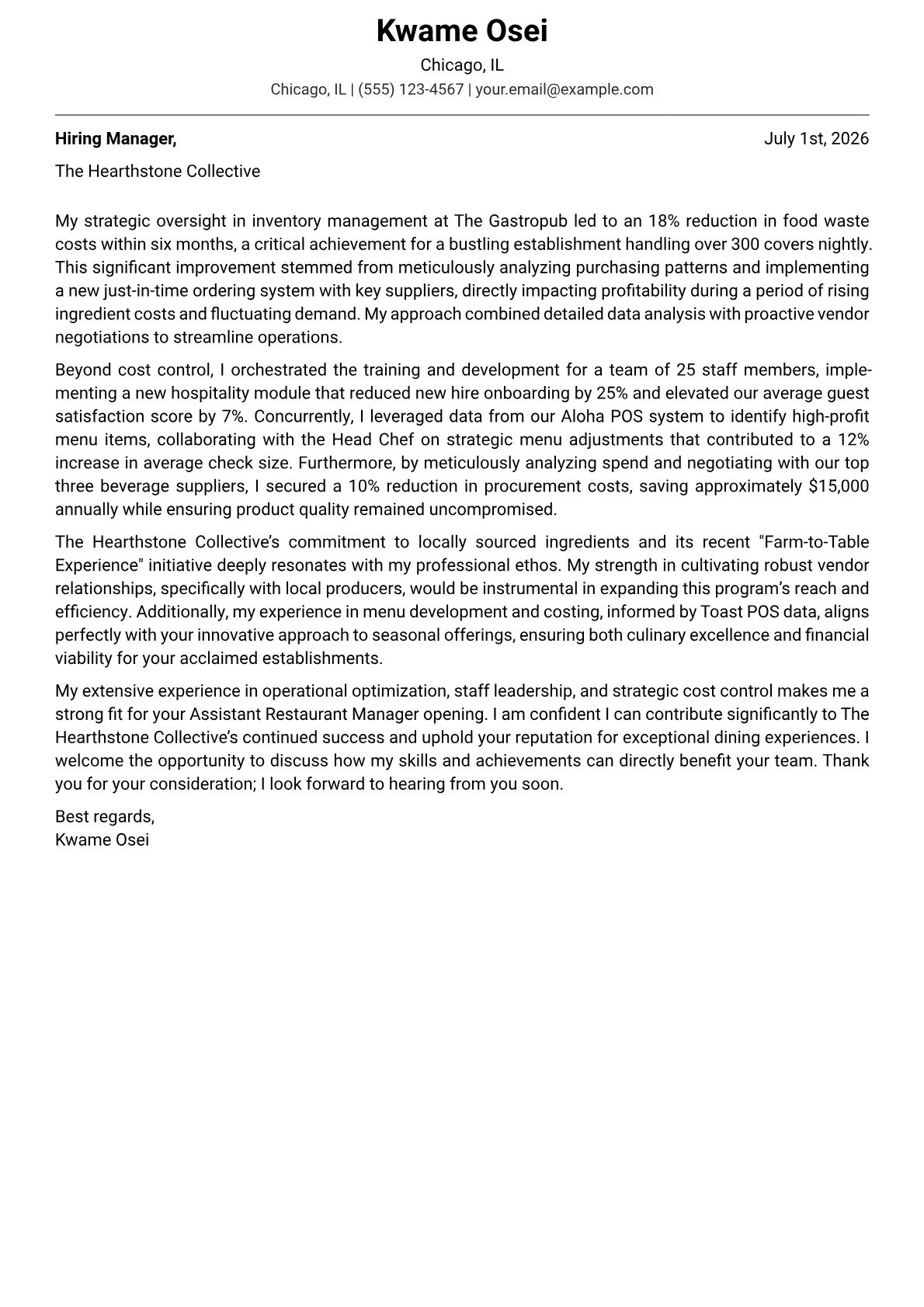 Assistant Restaurant Manager cover letter formatted with a JobSprout template