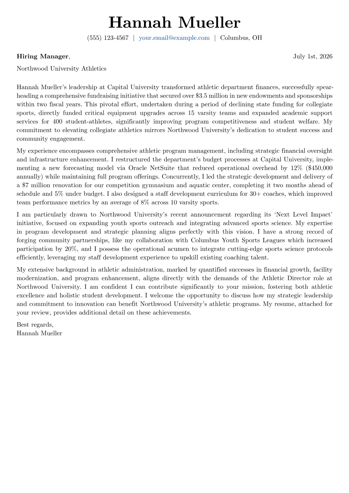 Athletic Director cover letter formatted with a JobSprout template