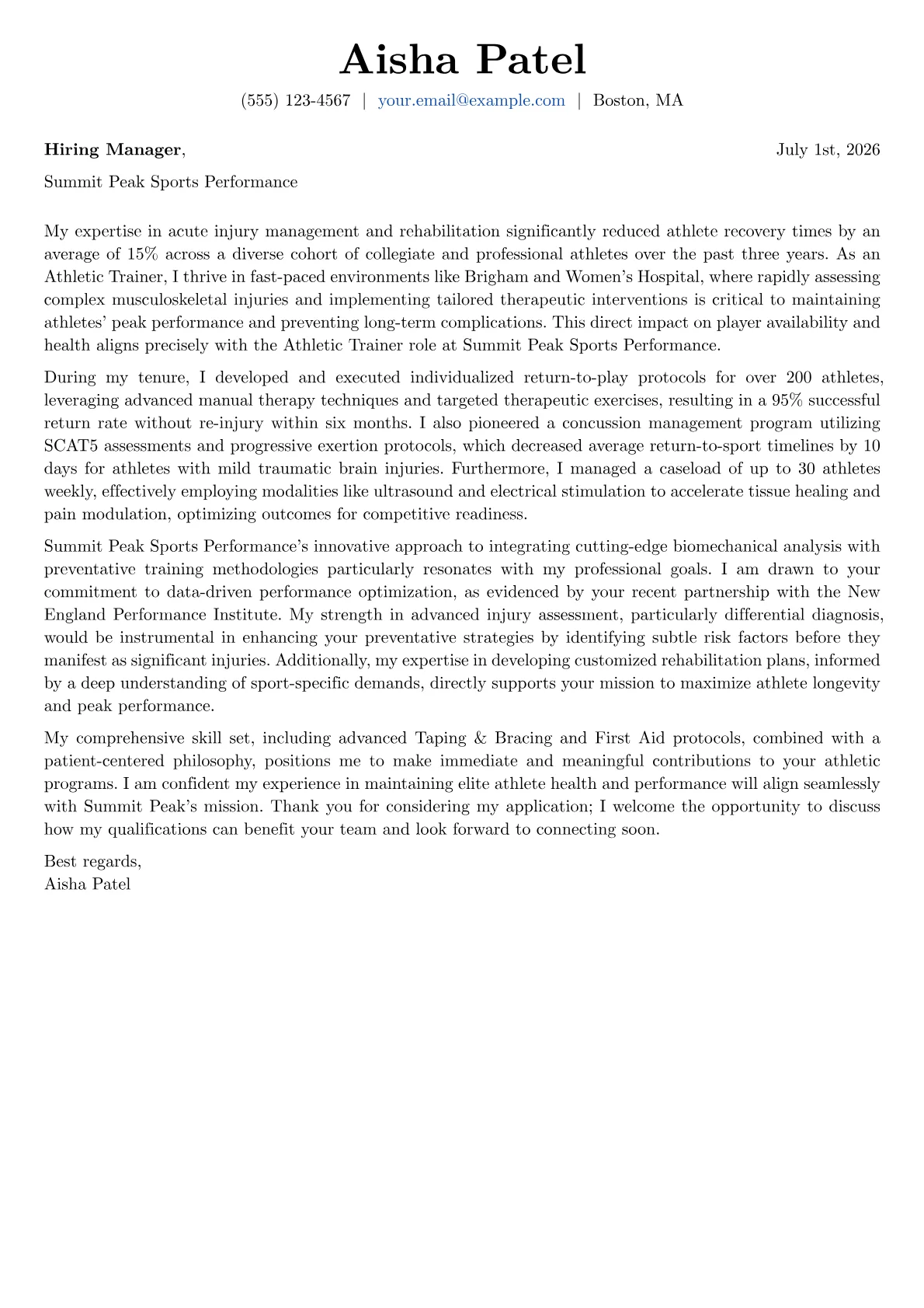 Athletic Trainer cover letter formatted with a JobSprout template