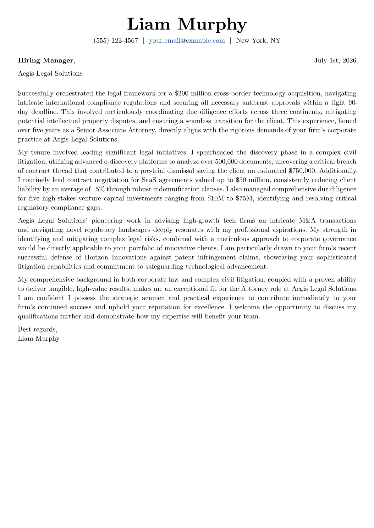 Attorney cover letter formatted with a JobSprout template