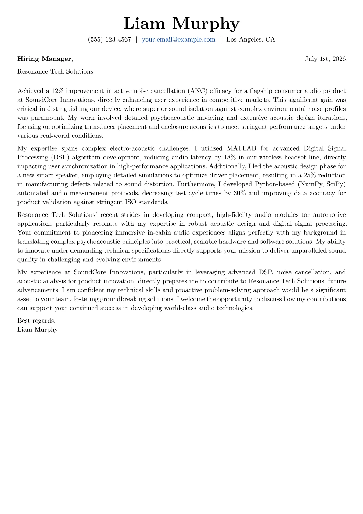 Audio Engineer cover letter formatted with a JobSprout template