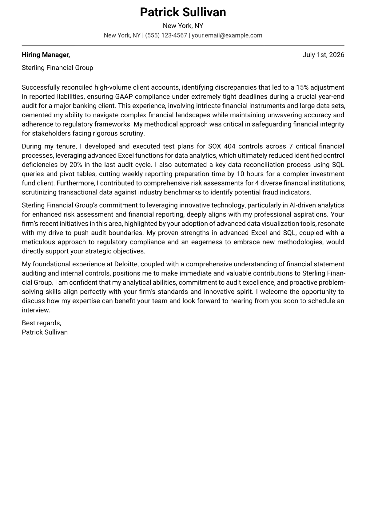 Audit Associate cover letter formatted with a JobSprout template