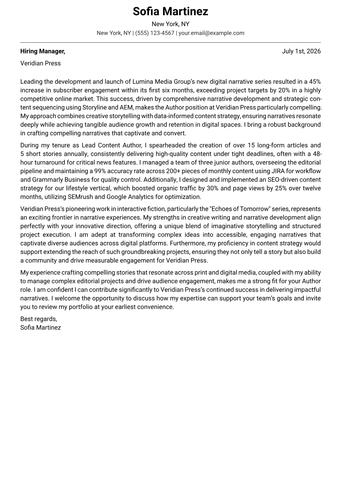 Author cover letter formatted with a JobSprout template