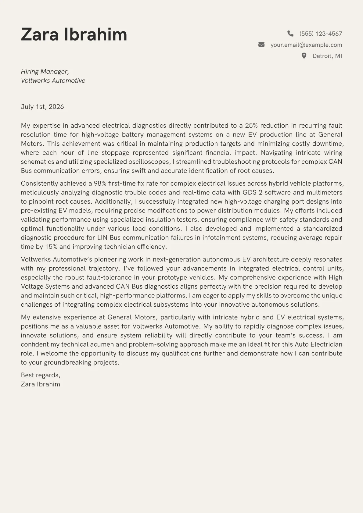 Auto Electrician cover letter formatted with a JobSprout template
