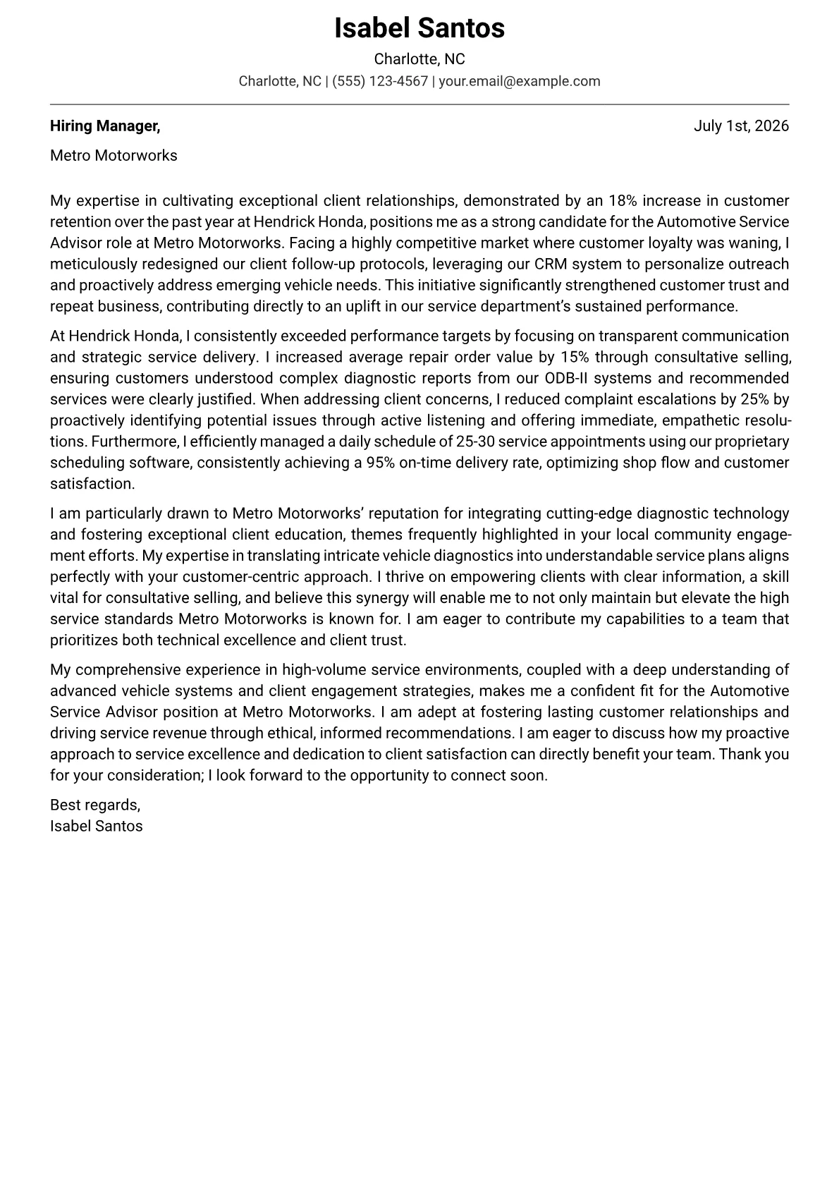Automotive Service Advisor cover letter formatted with a JobSprout template