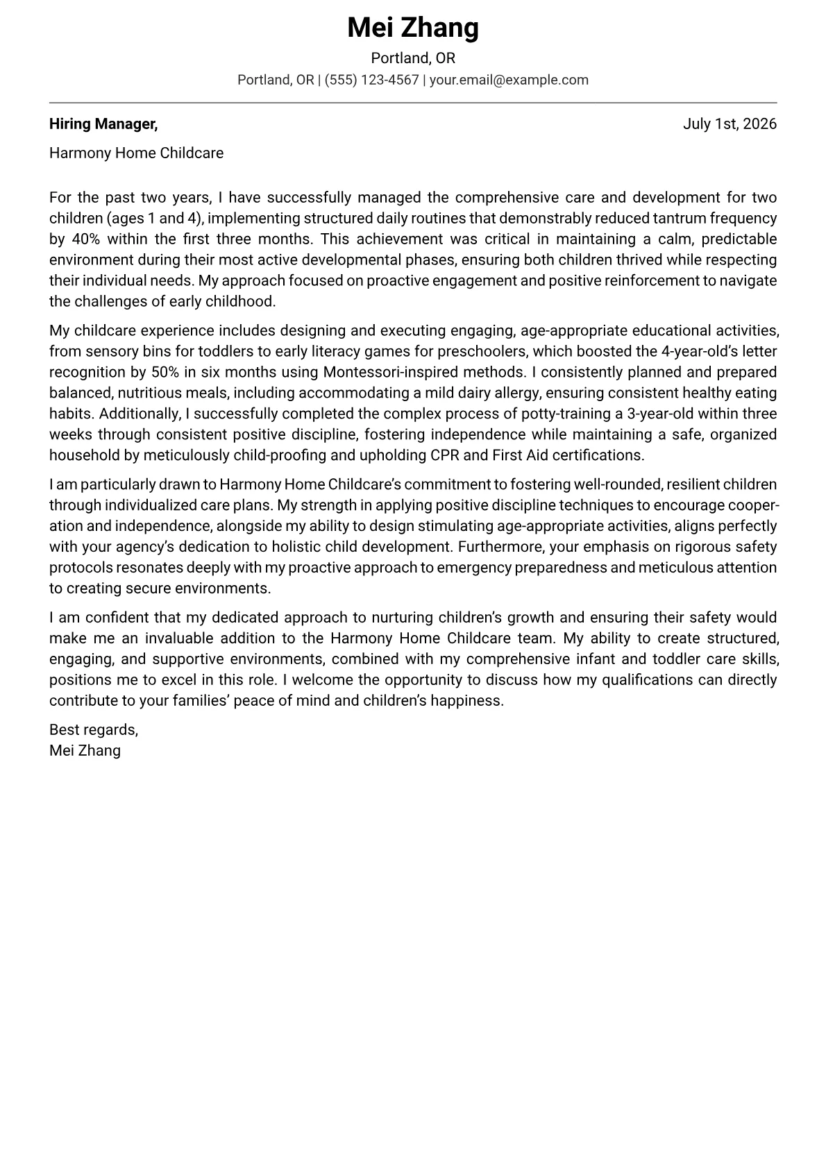 Babysitter cover letter formatted with a JobSprout template